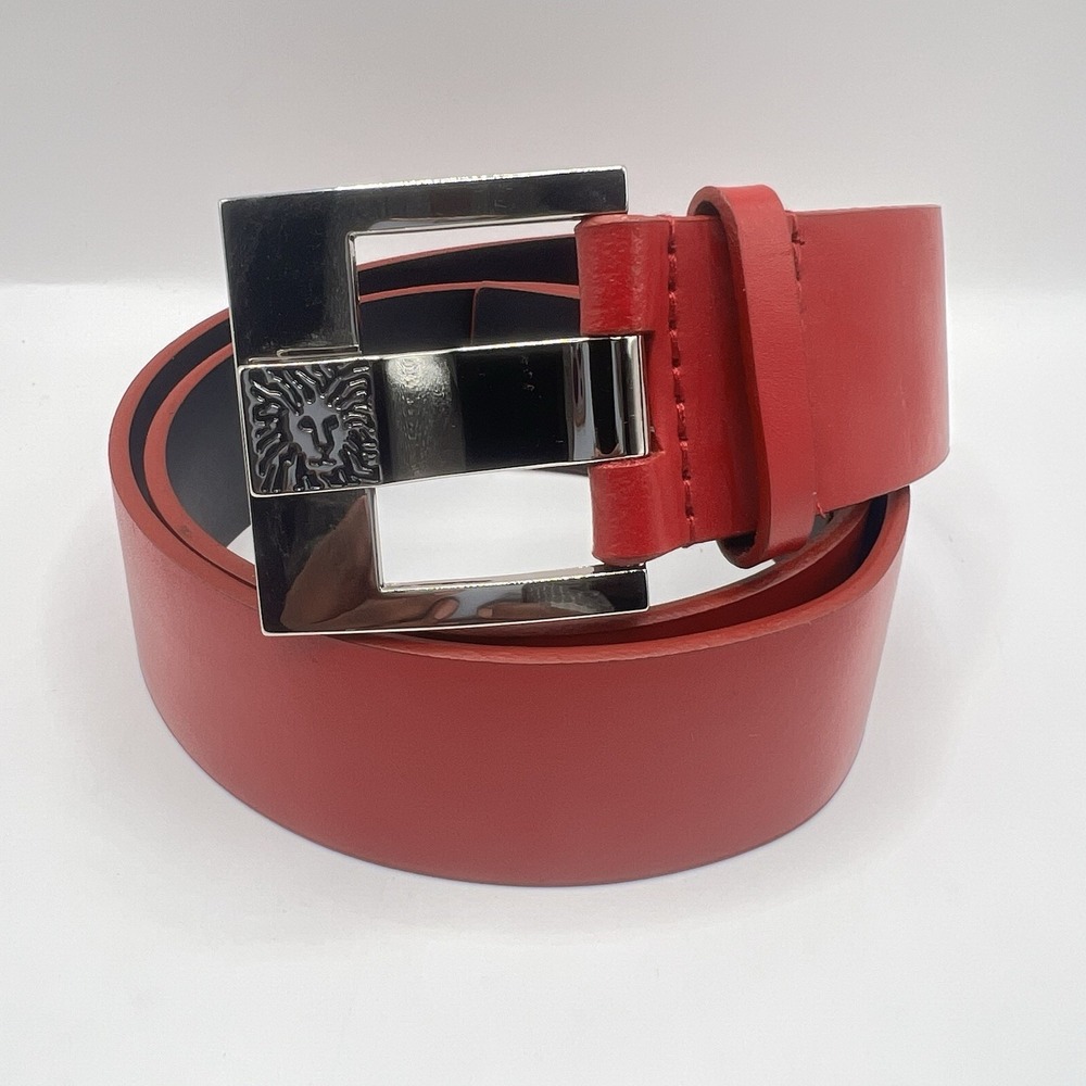Ann Klein Leather 1.5 Inches Wide Fashion Belt Large Red Big Buckle Silver Tone